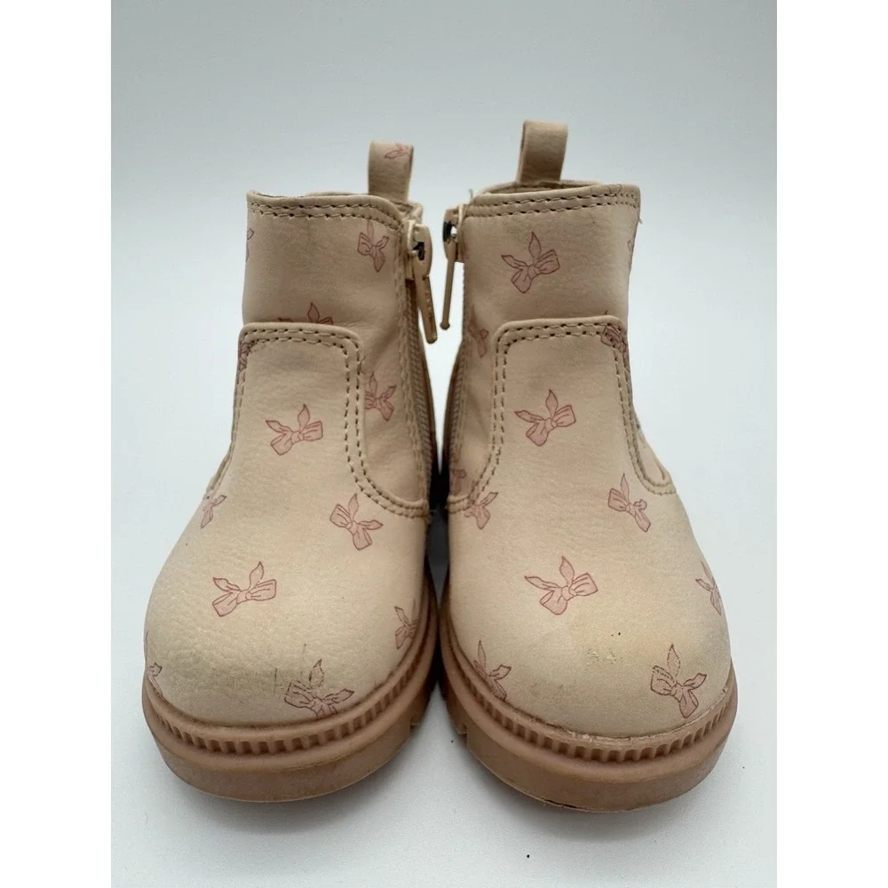 Toddler Girls Chelsea Boots Size 3 Pink Bow Print Side Zip Casual